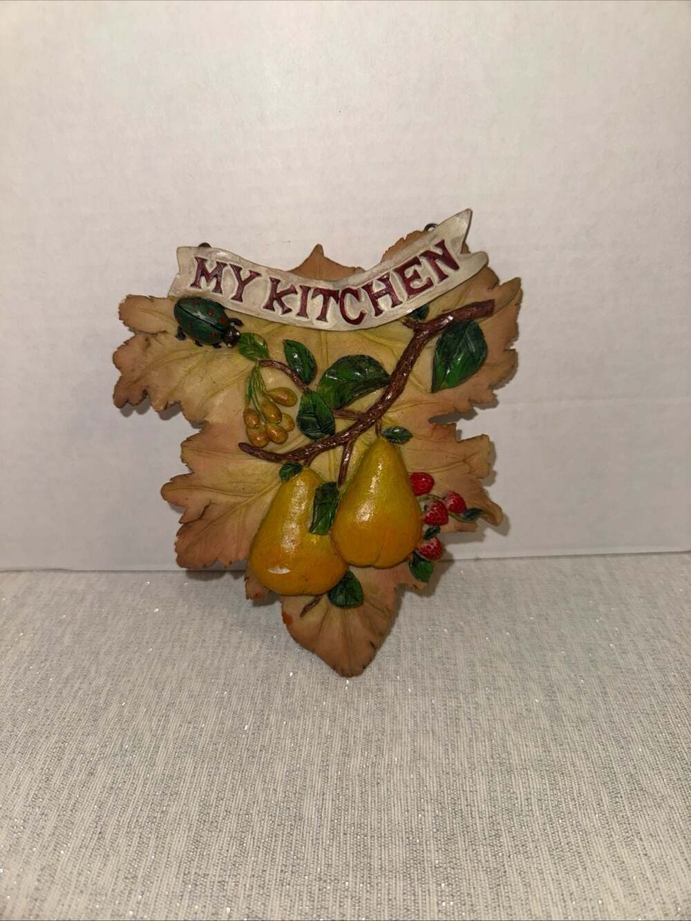 Vintage 'My Kitchen' Resin Wall Plaque with Pears, Berries, and Ladybug